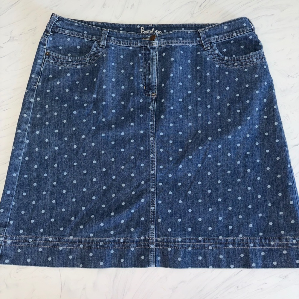 Boden blue denim polka dot jean a-line skirt stretch 16